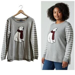 Le Tigre New Gray Cotton Polar Bear With Scarf Graphic Lightweight Sweater Large